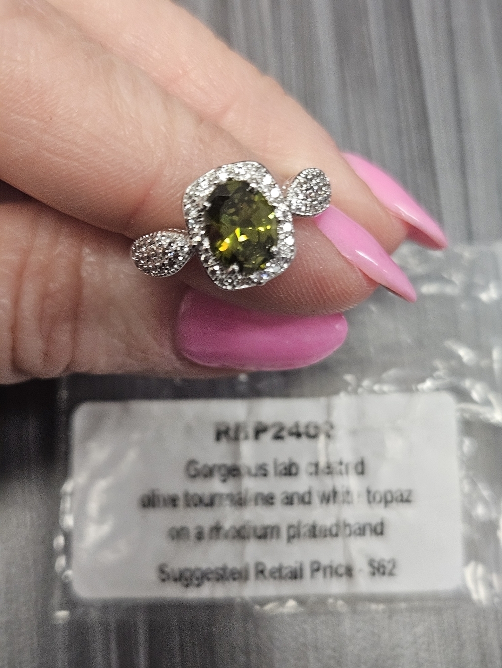 NEW Olive Green Tourmaline Halo Ring with White Topaz Accents Lab Created Size 6